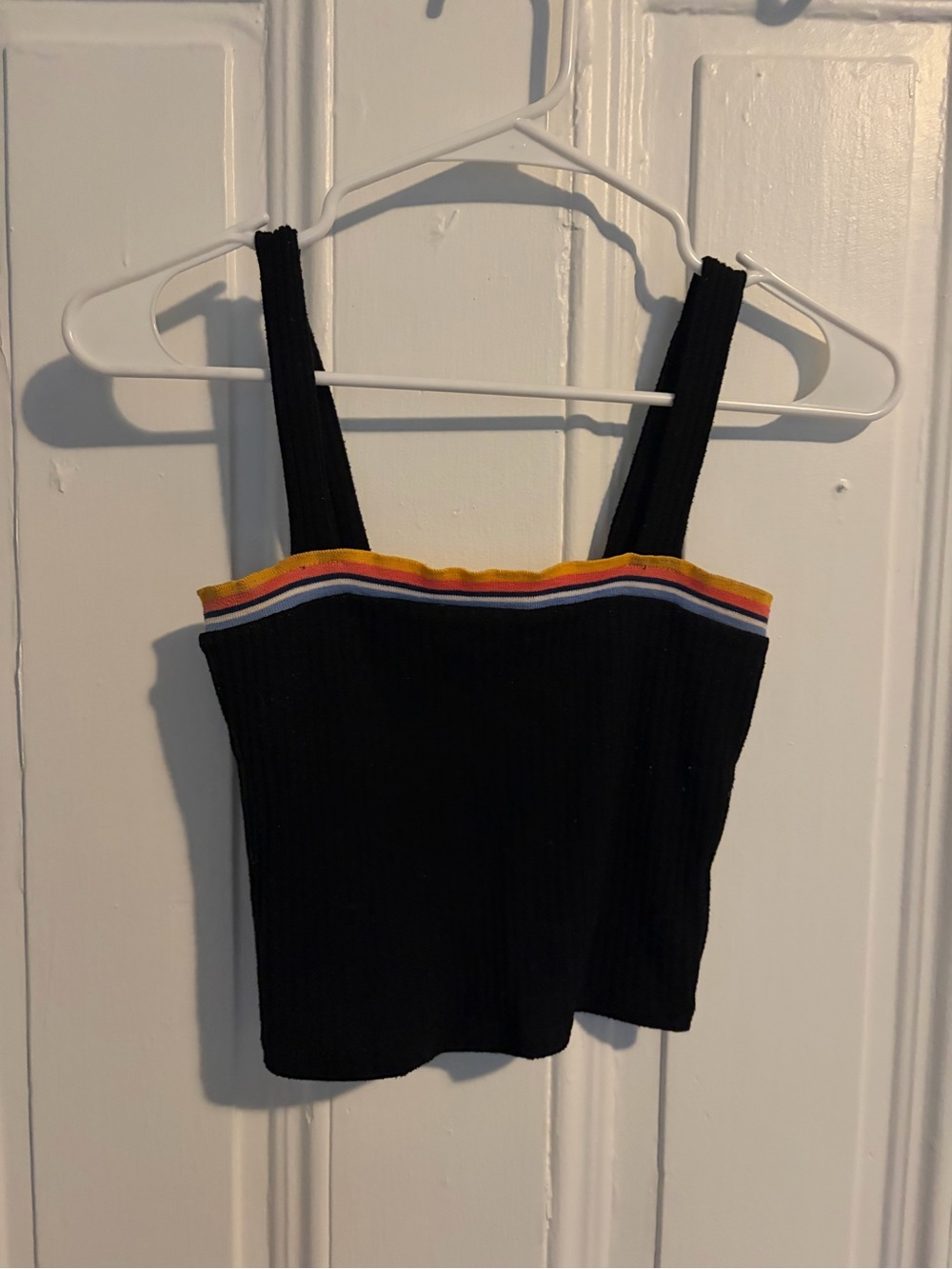 Forever 21 Black Ribbed Crop Top with Rainbow Stripe Trim
